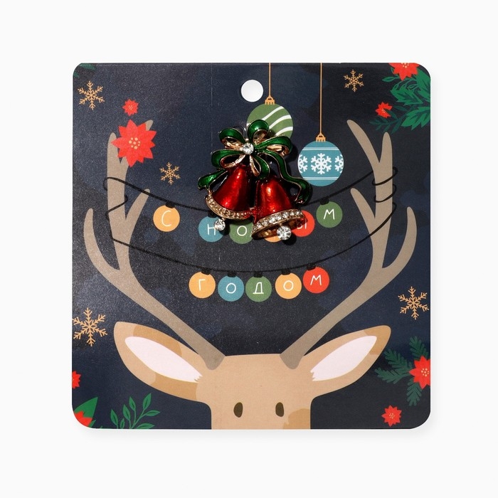 Новый год! Брошь новогодняя "Колокольчики", цвет красно-зеленый в золоте