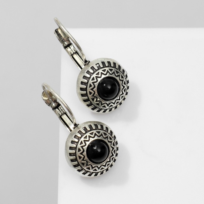 Серьги &laquo;Этника&raquo; круг в узорах, цвет чёрный в чернёном серебре