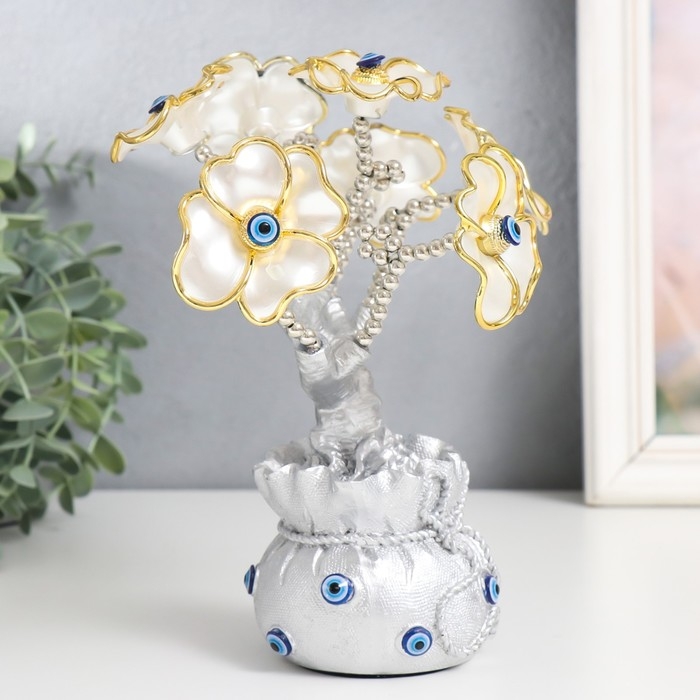 Сувенир от сглаза "Цветущее дерево. Денежный мешок" серебро, перламутр 14,5х8,55х22 см