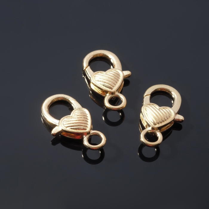 Замок-карабин &laquo;Сердечко&raquo; полосатое, (набор 3 шт.), 14&times;26 мм, цвет золото