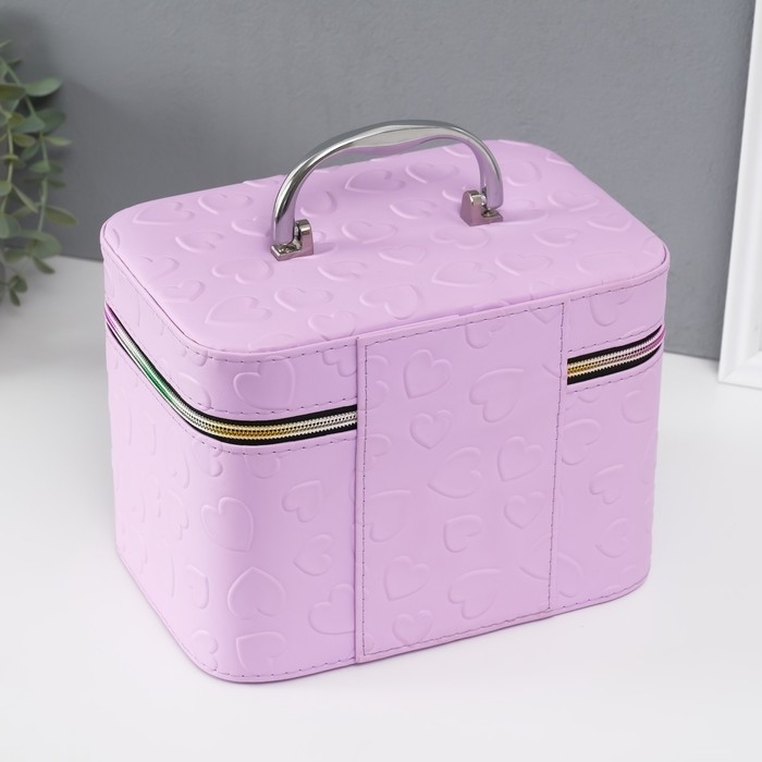 Шкатулка кожзам с зеркалом "Сердца" св-сирень набор 3 шт 19х10,5х10,5 21х13х14 15х23х17 см