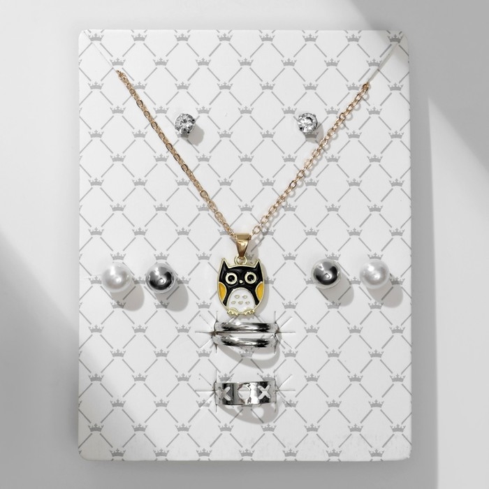 Гарнитур 6 предметов: 3 пары пусет, кулон 2 кольца &laquo;Сова&raquo;, цветной в золоте, 45 см