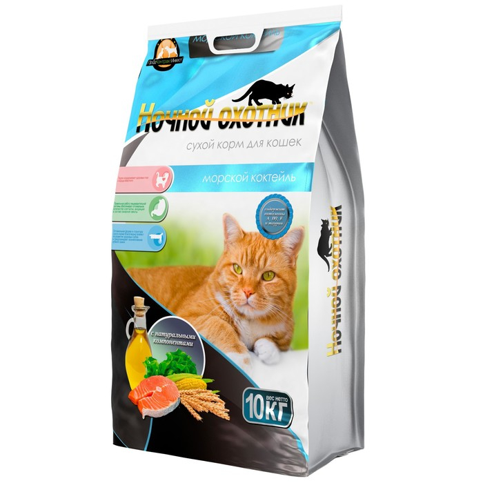 Сухой корм для кошек премиум класса Сухой корм для кошек премиум класса "Ночной охотник" Морской коктейль, 10 кг