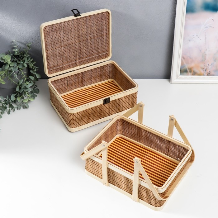 Шкатулка бамбук 2в1 "Прямоугольная" с ручками 20х20х26 см