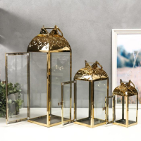 Подсвечник металл, стекло фонарь "Завитки" золото н-р 3 шт 55х18х18 37х14х14 24х10х10 см