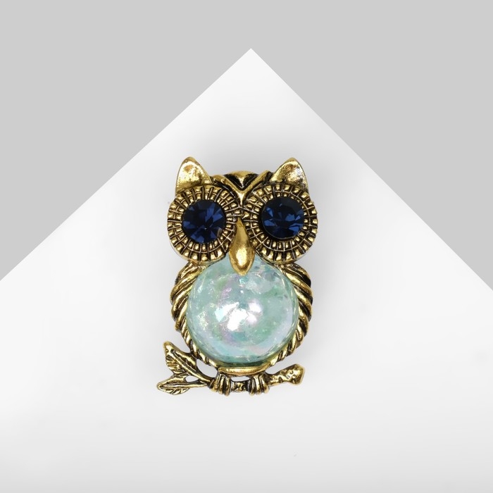 Брошь &laquo;Сова&raquo; шарик, цвет сине-голубой в чернёном золоте