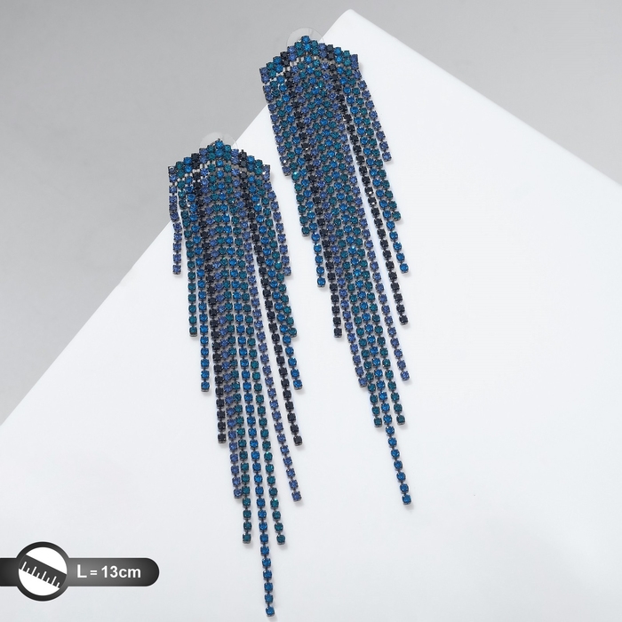 Серьги висячие со стразами «Водопад» грани, цвет синий в сером металле, 13 см Серьги висячие со стразами «Водопад» грани, цвет синий в сером металле, 13 см
