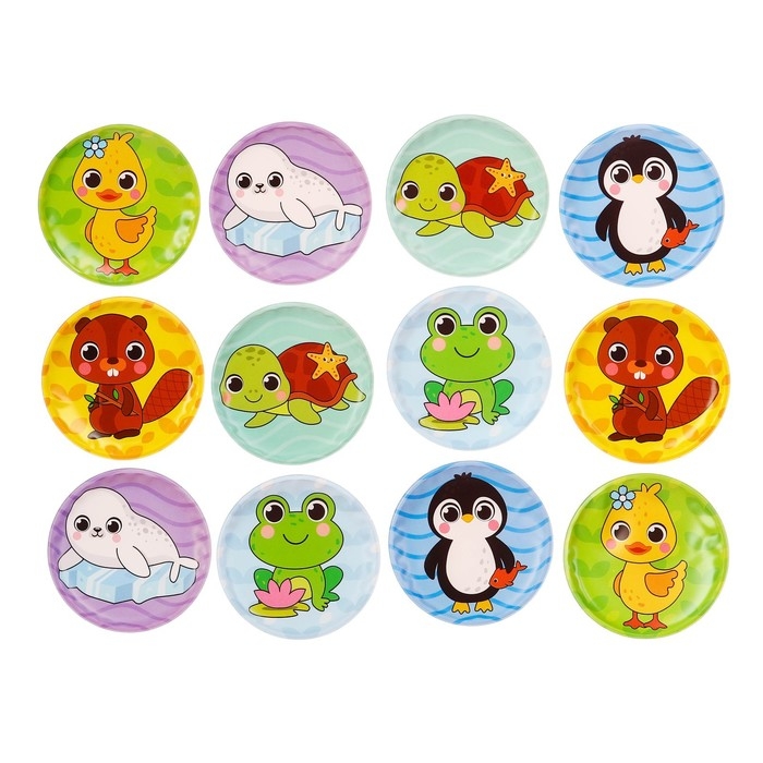 Мемо-игра: развивающие наклейки - присоски многоразовые для игры в ванной &laquo;Забавные животные&raquo;, найди пару, 6 пар, 12 стикеров EVA, Крошка Я
