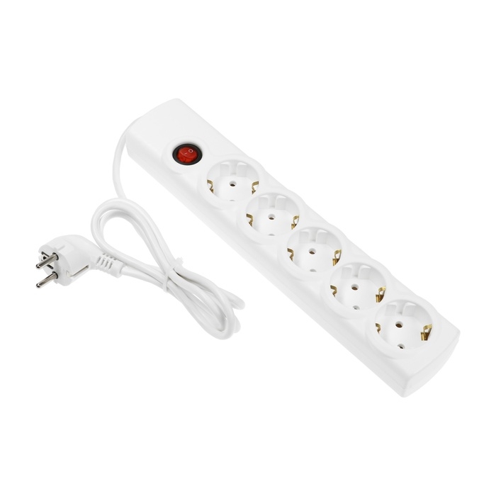 Сетевой фильтр Luazon Lighting, 5 розеток, 1.5 м, 2200 Вт, 3х0.75 мм2, 10 A, 220 В, c предохранителем, белый