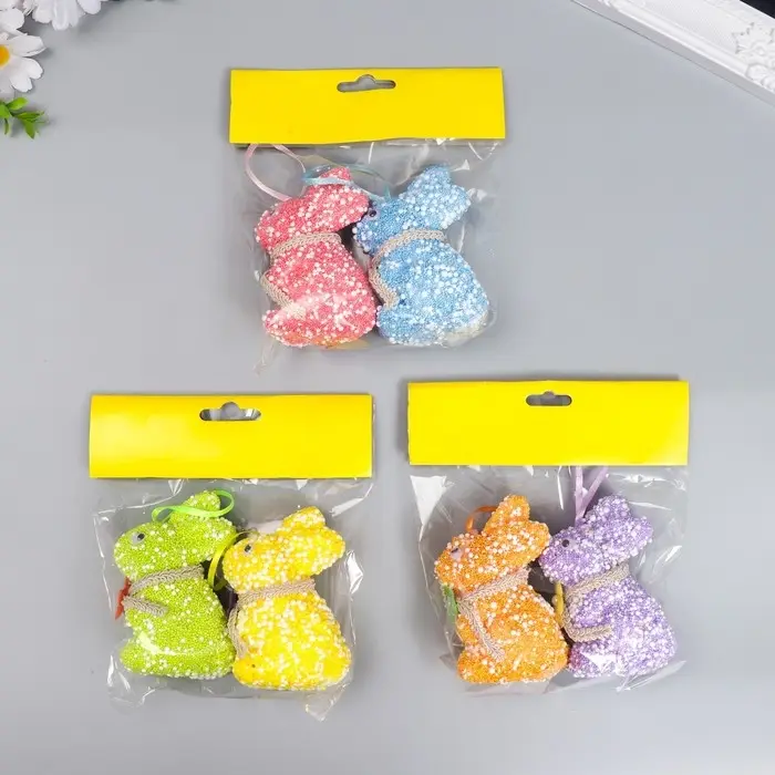 Подвесное украшение пасхальное &laquo;Кролик: посыпка, цветочек на шее&raquo;, набор 2 шт., 9 см, МИКС