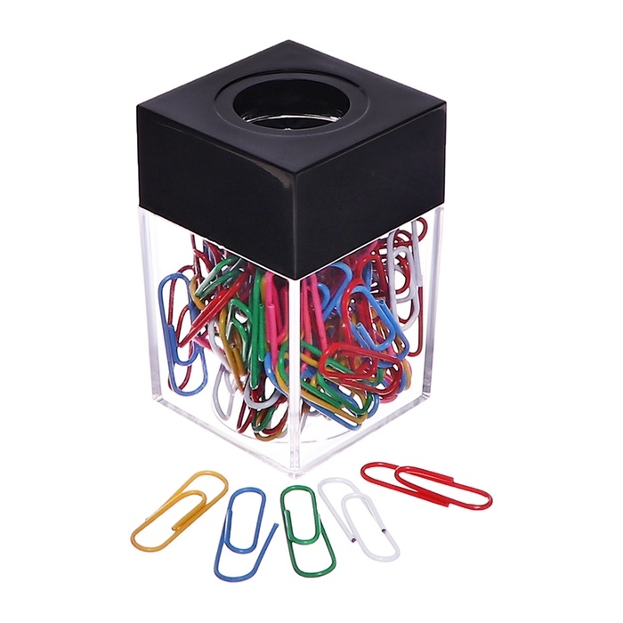 Скрепочница квадратная с магнитом прозрачная пластик, скрепки цветные 100 штук