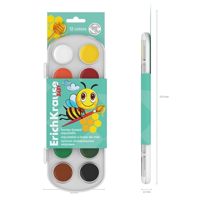 Акварель 12 цветов, ErichKrause ArtBerry, медовая, без кисти, пластиковая коробка, европодвес