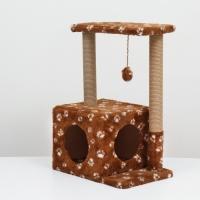 Домик для кошек с когтеточкой, двухэтажный, с окошками, 50х36х75 см, коричневая с лапками Домик для кошек с когтеточкой, двухэтажный, с окошками, 50х36х75 см, коричневая с лапками