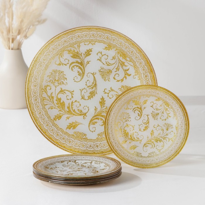 Набор столовый &laquo;Растительный узор&raquo;, 7 предметов: d=30 см - 1 шт, d=18 см - 6 шт, цвет белый с золотым