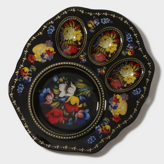 Подставка стеклянная для яиц Доляна &laquo;Жостовская роспись&raquo;, 3 ячейки, 21&times;18 см, цвет чёрный