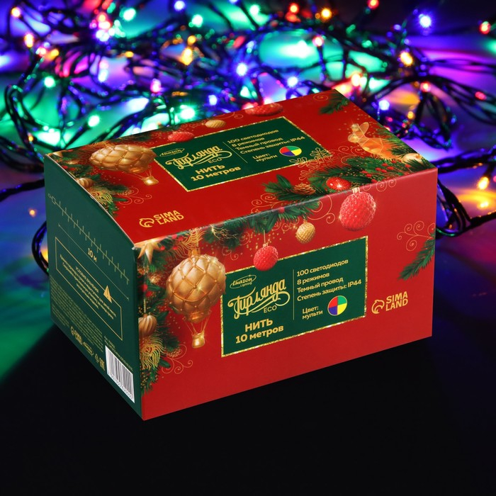 Гирлянда &laquo;Нить&raquo; 10 м, IP44, тёмная нить, 100 LED, свечение мульти, 8 режимов, 220 В