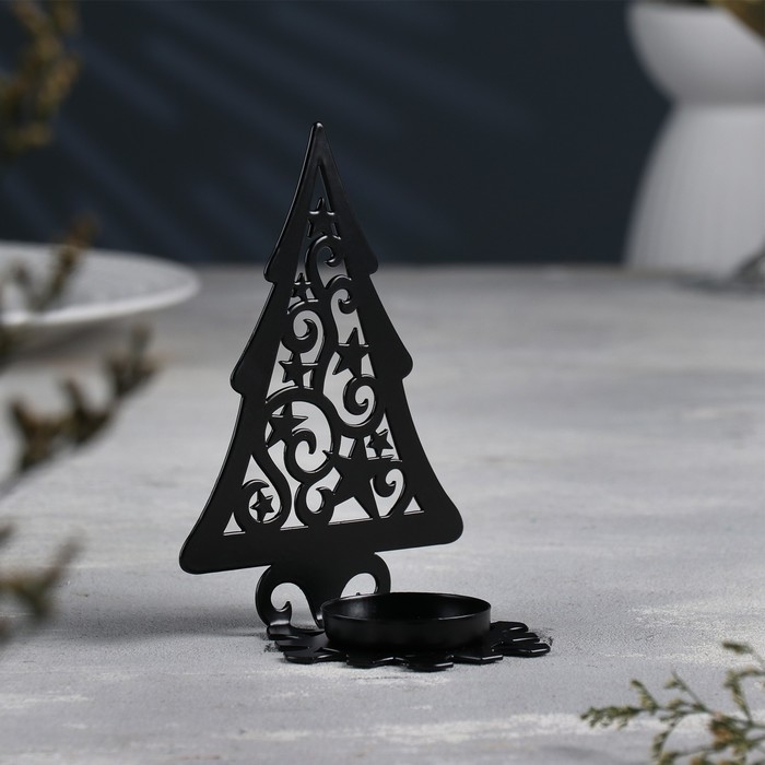 Новый год Подсвечник "Ёлка со звездами" металл на одну свечу, 6,6х10х13 см, черный