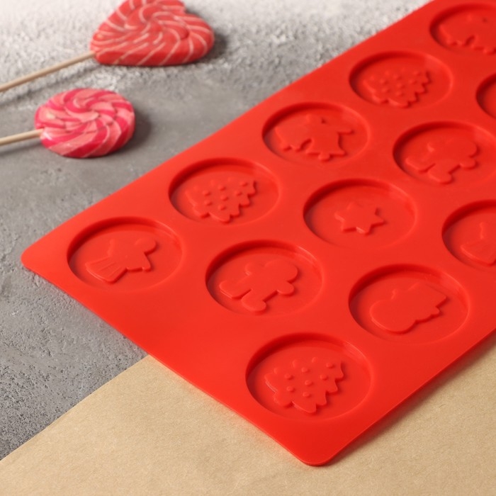 Форма для конфет и шоколада новогодняя Доляна «Новогодние кружочки», силикон, 29,8×17,5 см, 14 ячеек (d=5 см), цвет красный Форма для конфет и шоколада новогодняя Доляна «Новогодние кружочки», силикон, 29,8×17,5 см, 14 ячеек (d=5 см), цвет красный