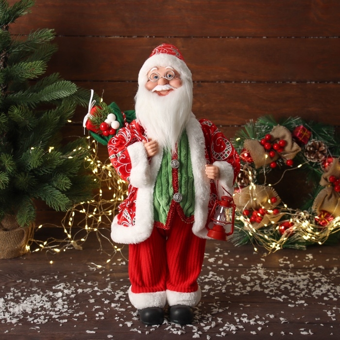 Дед Мороз Дед Мороз "В жилете и с фонарём" двигается, 45х22 см, красно-зелёный