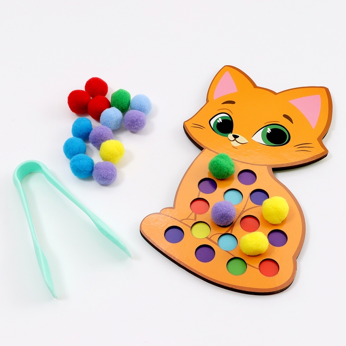 Сортер деревянный &laquo;Котёнок&raquo; с помпонами и пинцетом, 15 х 21 см