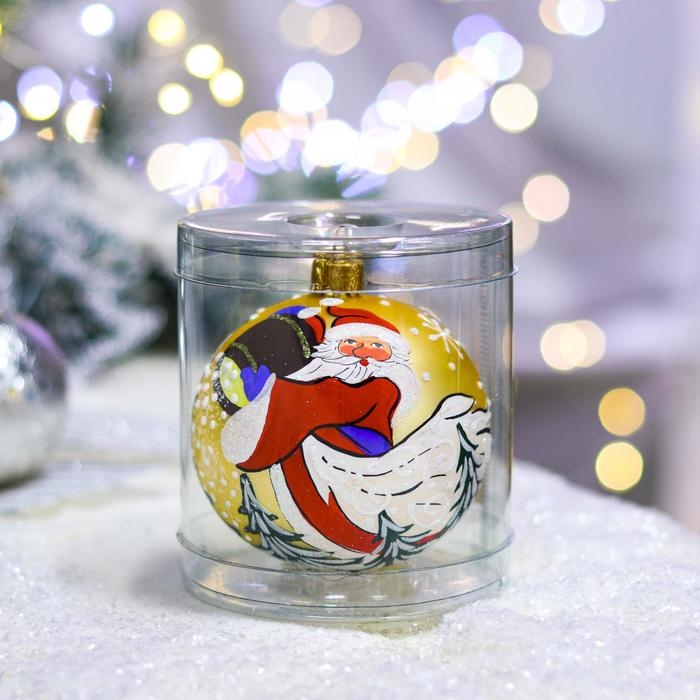 Ёлочная игрушка Шар &laquo;Дед Мороз в лесу&raquo;, 80 мм, ручная роспись, стекло