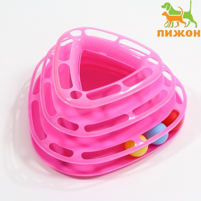 Игровой комплекс для кошек трехуровневый с шариками, розовый