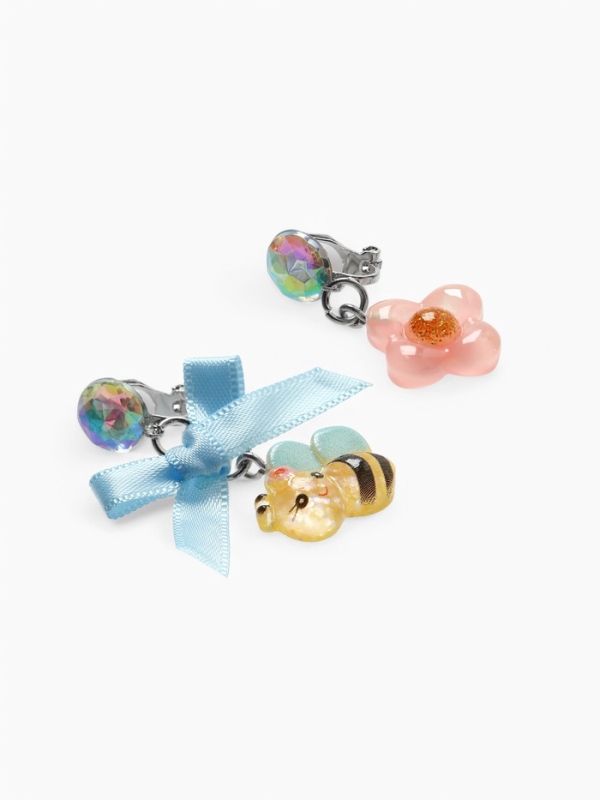 Серьги-клипсы детские "Выбражулька" пчела с бантом, цветок с кругом кристалл, цветные