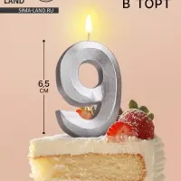 Свеча в торт &laquo;Цифра 9&raquo;, серебряная, 6.5 см