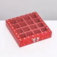 Коробка под 16 конфет, красная &laquo;Зайки&raquo; 17.7&times;17.7&times;3.8 см