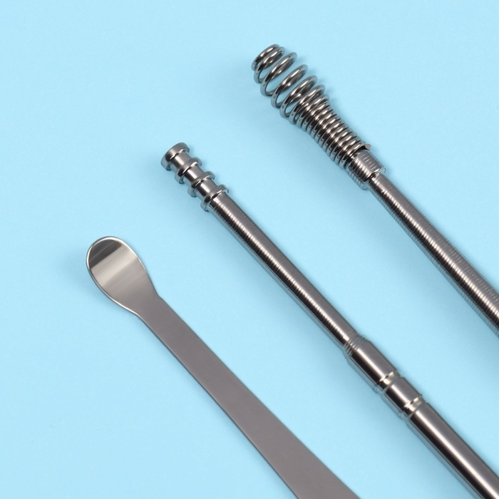 Набор для чистки ушей, 3 предмета, 9 &times; 2,8 &times; 1,3 см, в футляре, цвет серебристый