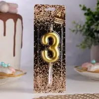 Свеча в торт &laquo;Европейская&raquo;, цифра 3, 6 см, золото