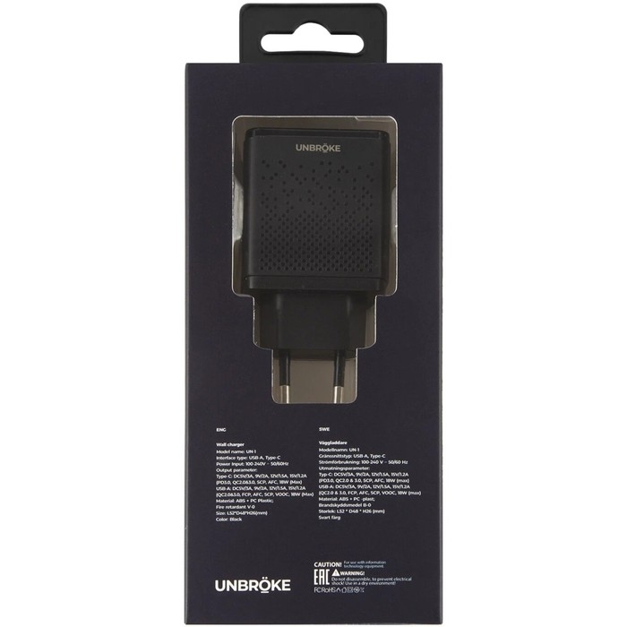 Сетевое зарядное устройство UNBR&Ouml;KE UN-1, USB+Type-C, 3 A, индикатор, черное