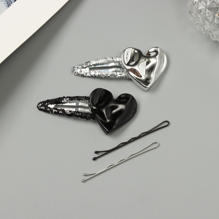 Невидимка для волос "Беатрис" (набор 10 шт) сердце, 5 и 5,5 см, серебро чёрный