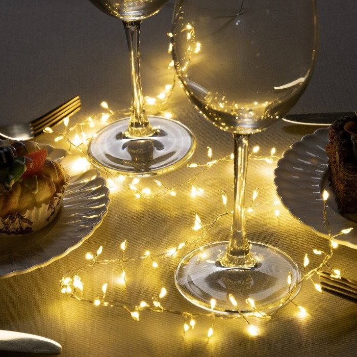 Гирлянда &laquo;Мишура&raquo; 1 м роса, IP20, серебристая нить, 100 LED, 2 режима, батарейки AAх3 (нет в комплекте), свечение тёплое белое