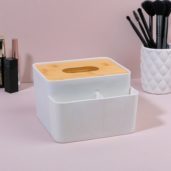 Органайзер для хранения &laquo;BAMBOO&raquo;, с крышкой, 3 секции, 16 &times; 15 &times; 10 см, цвет белый/коричневый