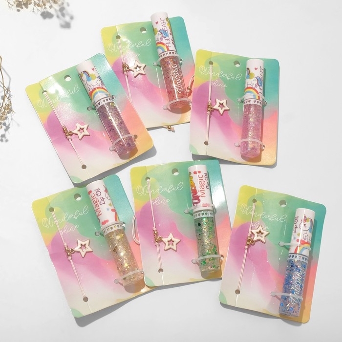 Набор 2 предмета: браслет, блеск для губ Набор 2 предмета: браслет, блеск для губ "Единорог" звезда, цвет розовый, 6см