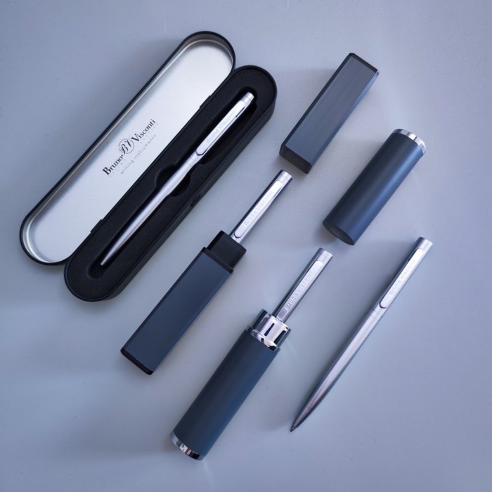 Ручка шариковая поворотная, 1.0 мм, BrunoVisconti FIRENZE, стержень синий, металлический корпус Soft Touch серебристый, в тубусе