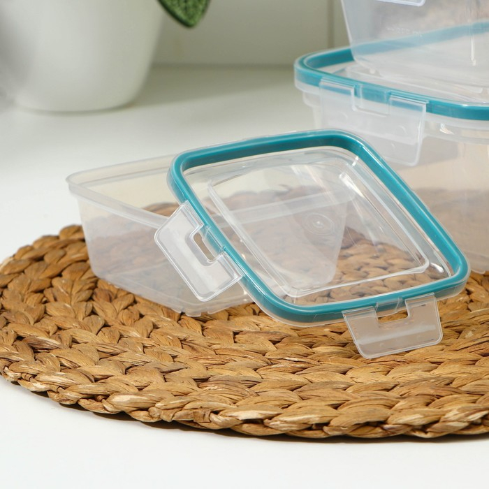 Набор контейнеров для продуктов с защёлкой, герметичная крышка, 3 шт: 400 мл, 800 мл, 1,5 л, прозрачные, крышка голубая Набор контейнеров для продуктов с защёлкой, герметичная крышка, 3 шт: 400 мл, 800 мл, 1,5 л, прозрачные, крышка голубая