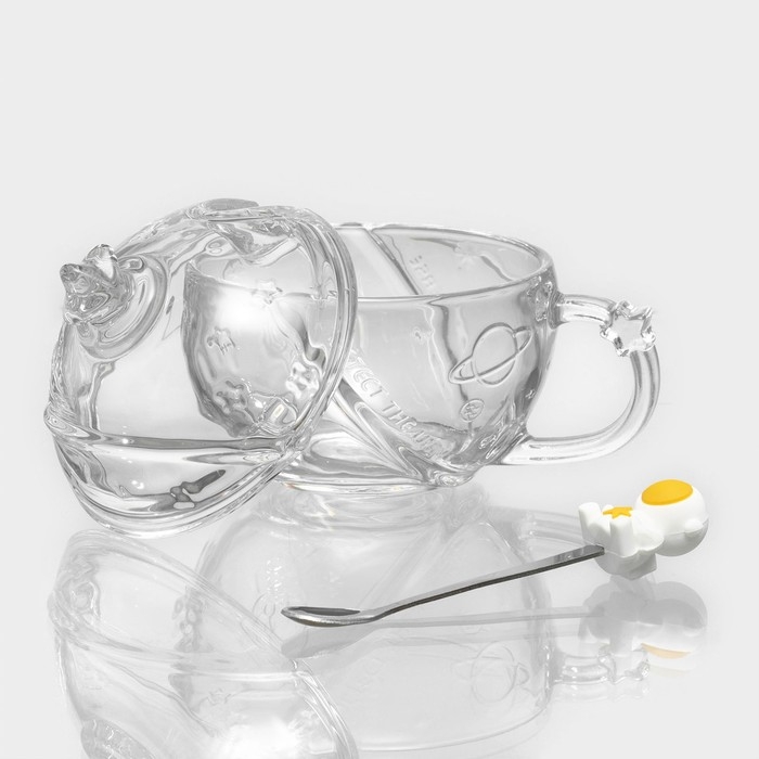 Кружка стеклянная с крышкой и ложкой &laquo;Космос&raquo;, 350 мл