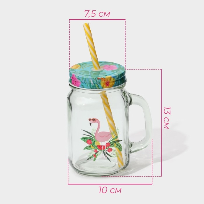 Кружка стеклянная с крышкой и трубочкой Доляна &laquo;Фламинго&raquo;, 450 мл, 10&times;7,5&times;13 см