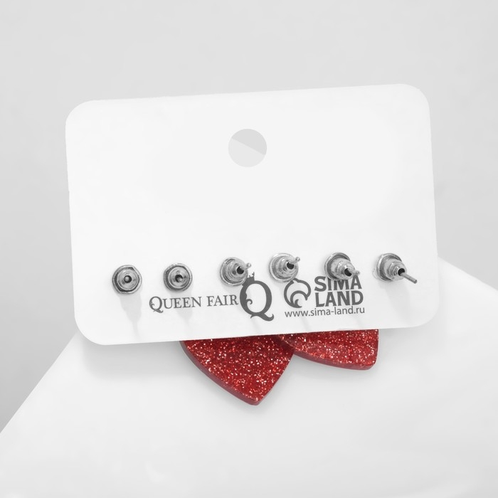 Набор 3 пары серёг LOVE сердечки, цвет бело-красный в серебре