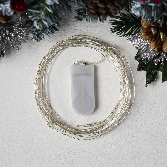 Гирлянда &laquo;Нить&raquo; 5 м роса, IP20, серебристая нить, 50 LED, батарейки CR2032х2 (в комплекте), свечение белое