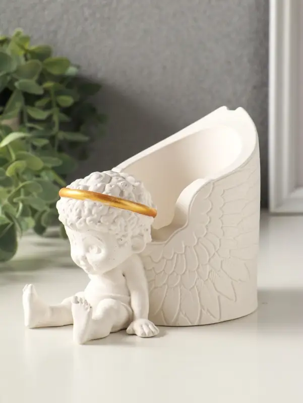 Карандашница "Ангел" 12х10 см, гипс, белый с золотом