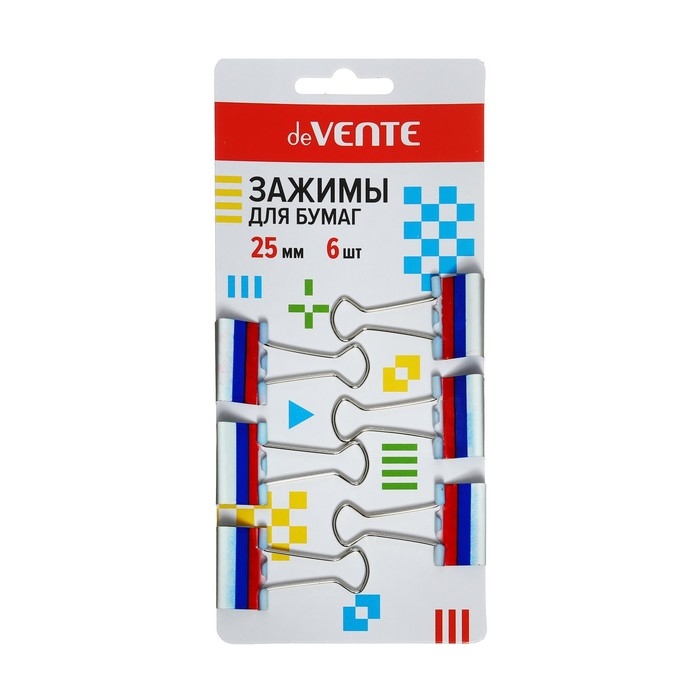 Зажимы для бумаг 25мм, 6 штук, ТРИКОЛОР, deVENTE, металлические, картонная коробка