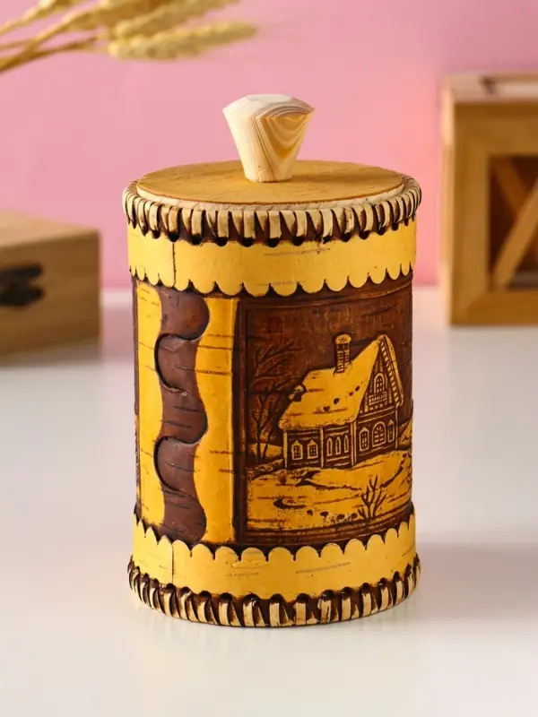 Туес шитый "Домики", D8смхH(с хватком)14см, береста