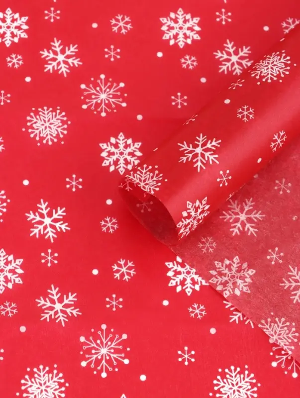 Бумага упаковочная тишью "Снежинки на красном", красная, 50 х 66 см