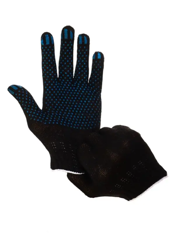Перчатки садовые, хб, вязка 7 класс, 3 нити, размер 9, с ПВХ точками, чёрные
