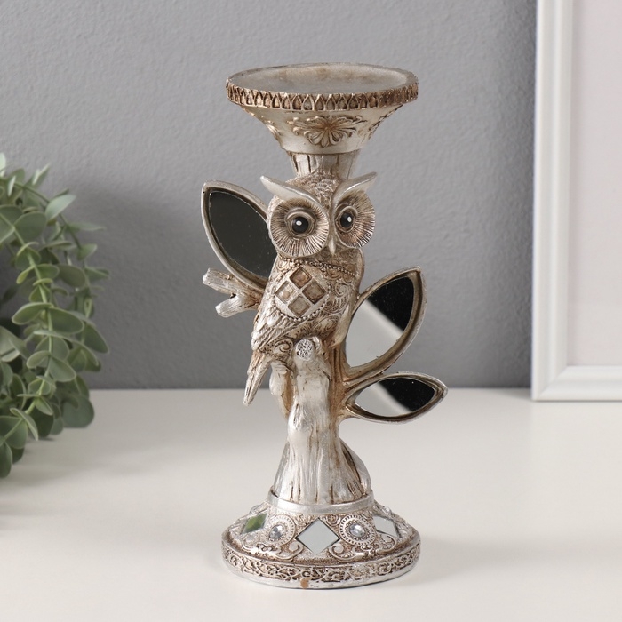 Подсвечник полистоун на 1 свечу Подсвечник полистоун на 1 свечу "Филин на дереве с зеркальными листьями" 11,5х9х24,2 см