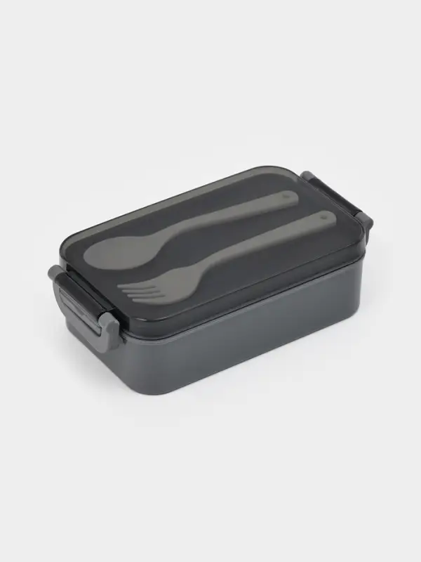 Ланч-бокс, 2 отделения, 2 яруса, с вилкой и ложкой, бутылкой 500мл,20х17х5,5 см, цвет серый   109495