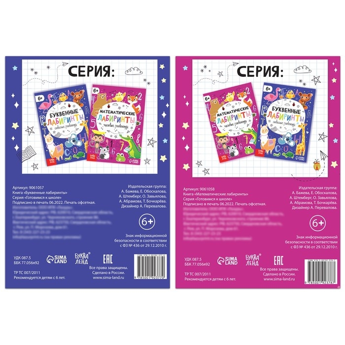 Набор книг «Математические и буквенные лабиринты», 2 шт. по 20 стр., от 6 лет Набор книг «Математические и буквенные лабиринты», 2 шт. по 20 стр., от 6 лет